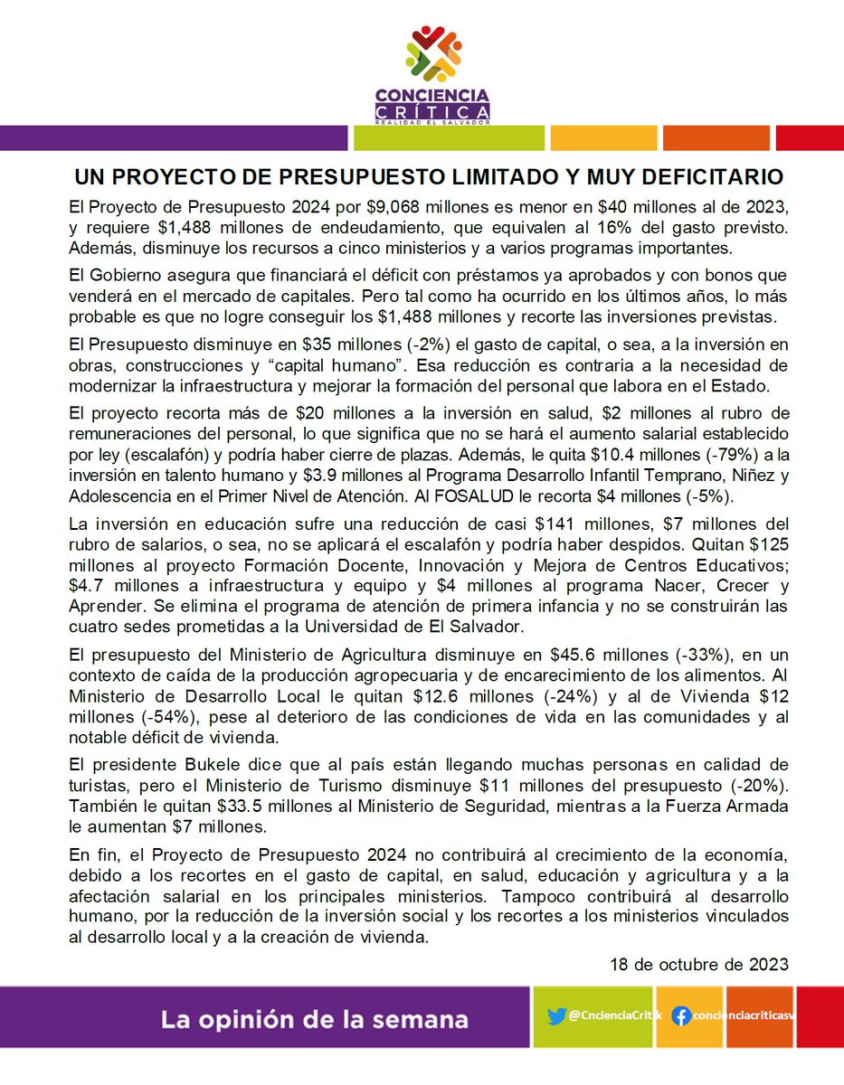 KioskoSV's tweet photo. @CncienciaCritik nos hable esta semana sobre el proyecto del presupuesto: https://t.co/8IdhZajRg9