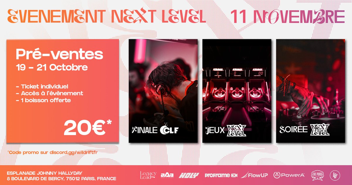 🔥#NextLevel : L'événement qui va secouer Paris !

Réserve dès maintenant tes places pour ce mélange inédit de gaming, de danse et de fun! 🍻🎉

🎟️Pré-ventes par ici: billetweb.fr/next-level
🇫🇷  Code promo sur discord.gg/wildriftfr

#Paris #Soirée #LAN #Wildrift