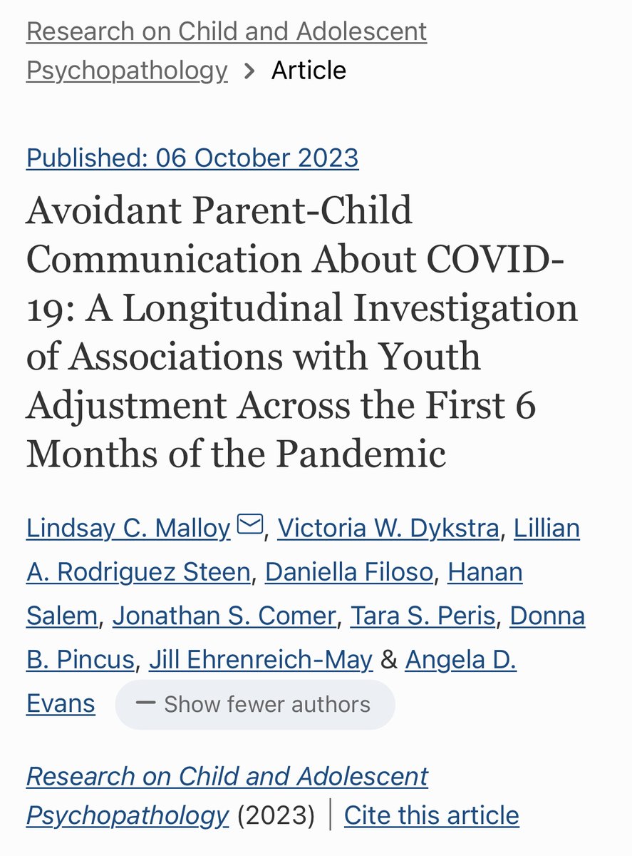 Excited that our publication on parent-child communication about COVID-19 & youth adjustment is available in full with this view-only link: rdcu.be/dnWiB @AngelaD_Evans @JonComerPhD @DrEhrenreich @DonnaPincus A thread on what we found: (1/8)