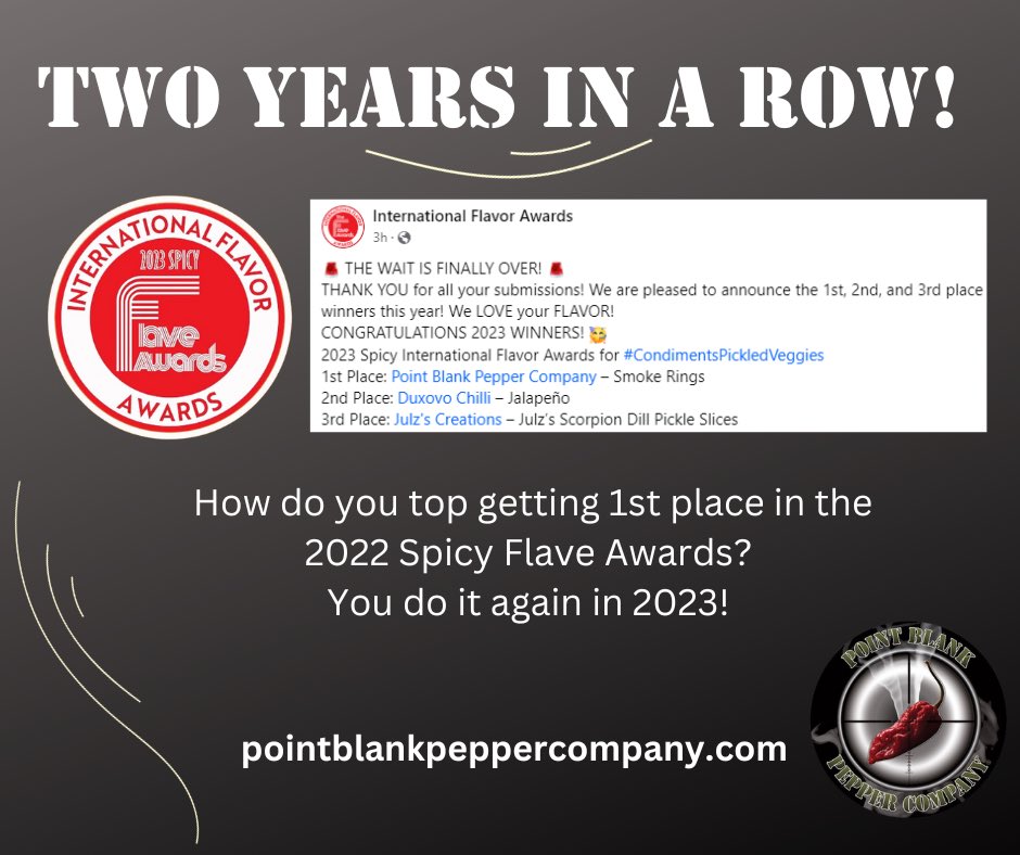PntBlankPepper's tweet photo. Oops we did it again!   So thrilled and honored that Smoke Rings got this recognition twice!
#pointblankpeppercompany
#spicyflavawards https://t.co/mrUYUThDJg