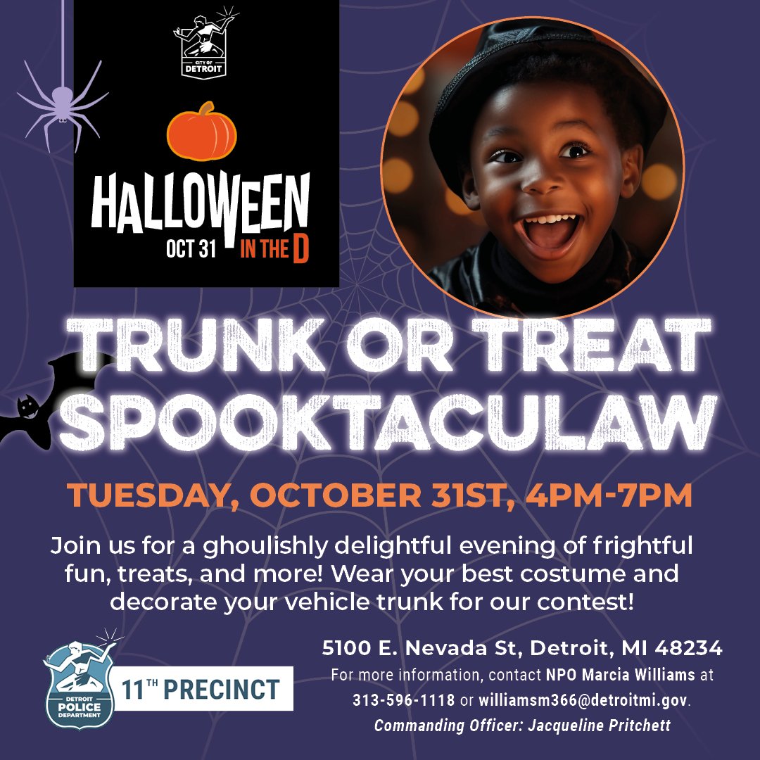 🎃 11th Precinct's Trunk or Treat Spooktaculaw is on Oct 31st, 4-7pm! Join us for treats, vehicle decorations, and spooky fun at 5100 E. Nevada St. FREE entry! Register by Oct 27th: bit.ly/dpd11thhallowe…. Questions? 📞313-596-1118. Let's celebrate #OneDetroit together! 👻🖤