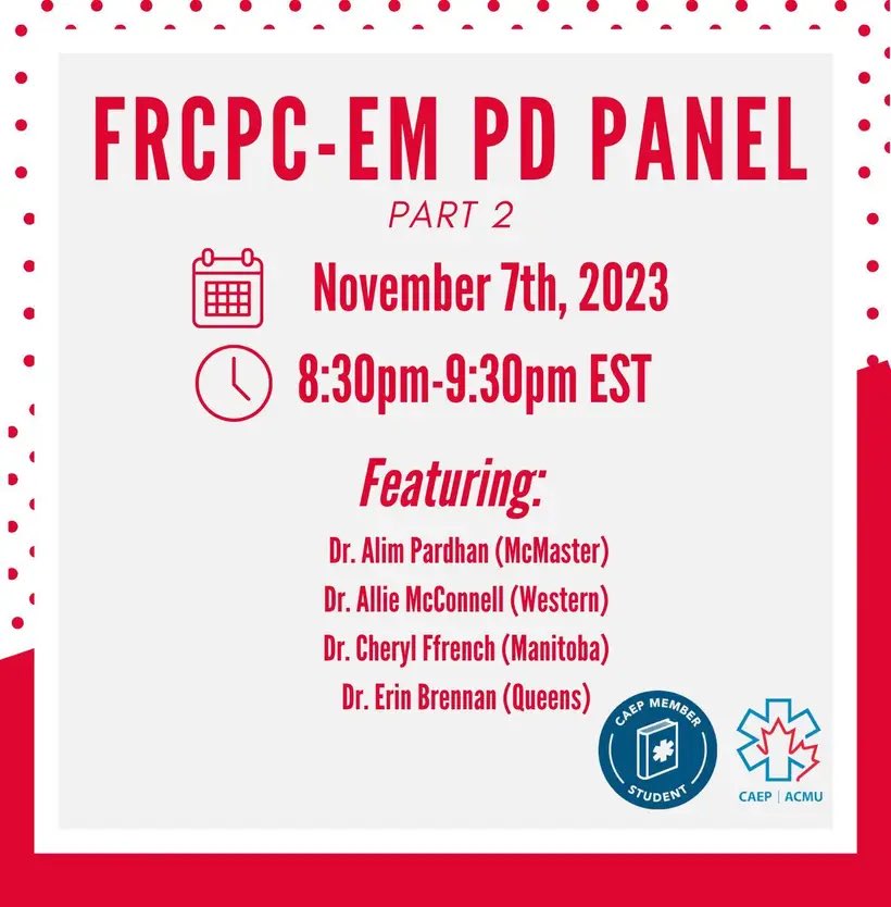 We have TWO upcoming FRCPC-EM PD Panels on October 26th and November 7th. Sign up links below, feel free to reach out with any questions :) 👉 PD Panel Part 1 Sign Up: forms.gle/A31segxnfhUhN3… 👉 PD Panel Part 2 Sign Up: forms.gle/c9bKkuoo2aET4o…