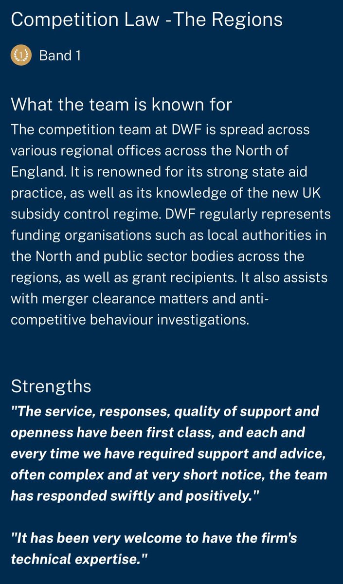 AlexanderPHRose's tweet photo. Really pleasing to see DWF’s competition law team ranked in the top tier in Chambers 2024. 

Thank you to everyone who has taken the time to provide feedback. https://t.co/kTpyuloQwP