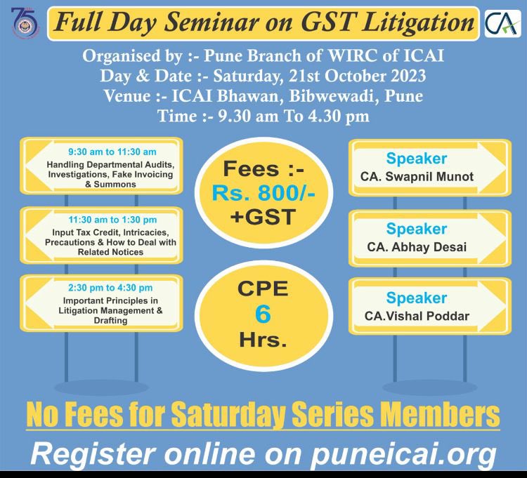 MunotSwapnil's tweet photo. Delighted to address session at Pune ICAI on *GST Litigation* 🧨🧨- 

❇️Handling GST Summon,
❇️Investigation, 
❇️Departmental Audit, 
❇️Fake Invoicing

For details, refer below 👇🏻👇🏻 https://t.co/XHqNAJoZbw