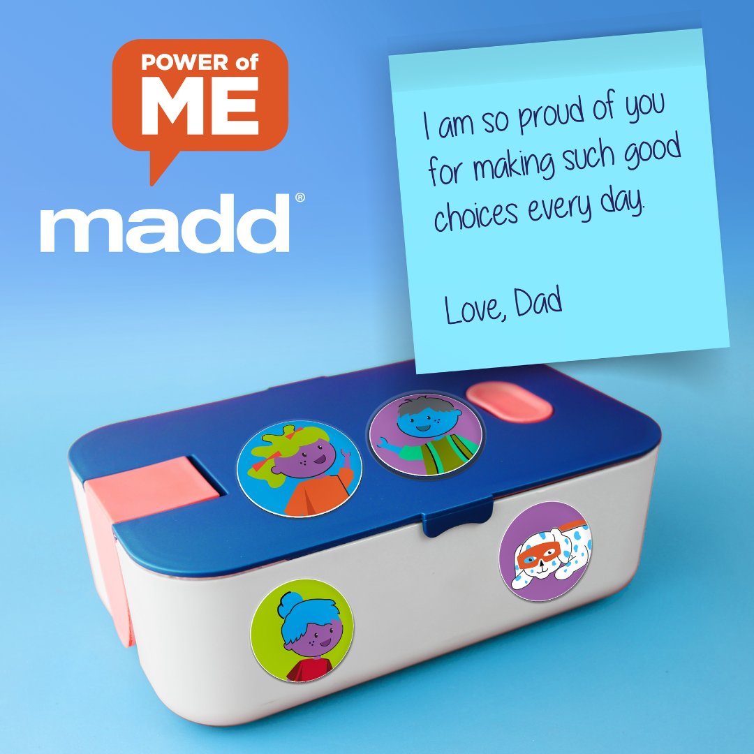MADDNational's tweet photo. A little note can go a long way. 💌 Join our #PowerofMe campaign and leave encouraging notes in your child's lunch boxes to remind them that they have the power to take care of their future. Learn more by visiting https://t.co/f2EIB9PQyb. #PowerofMe #MADD https://t.co/Ec8oT9lfNk