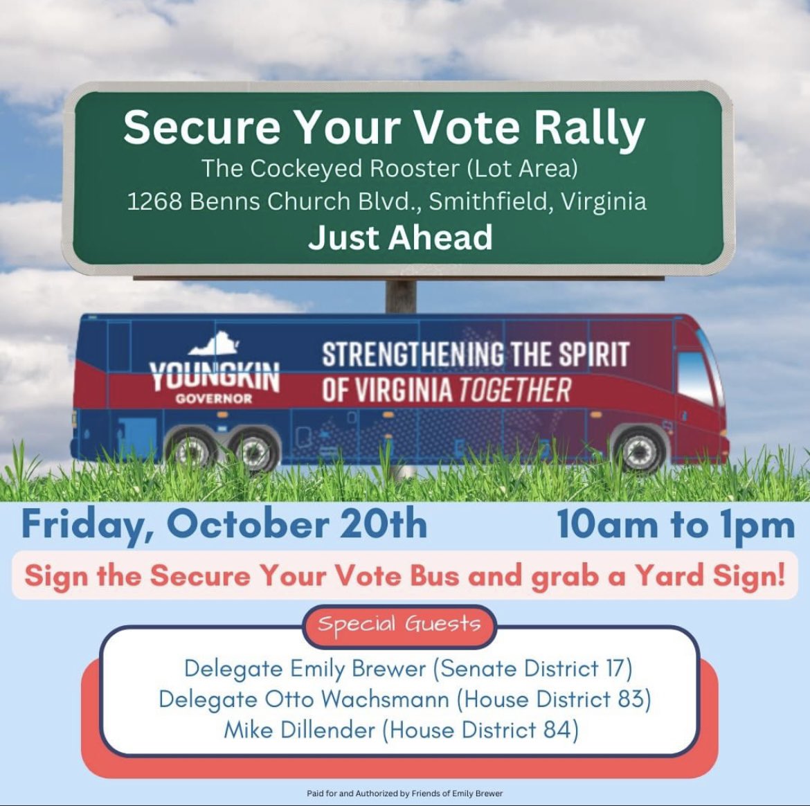 MikeDillenderVA's tweet photo. Join @WachsmannHD75 , @BrewerForVa ,  and me this Friday for an Early Voting Rally and to grab a yard sign! Additional details are in the flyer below! 👇🏻 https://t.co/dS6AZGYlUS