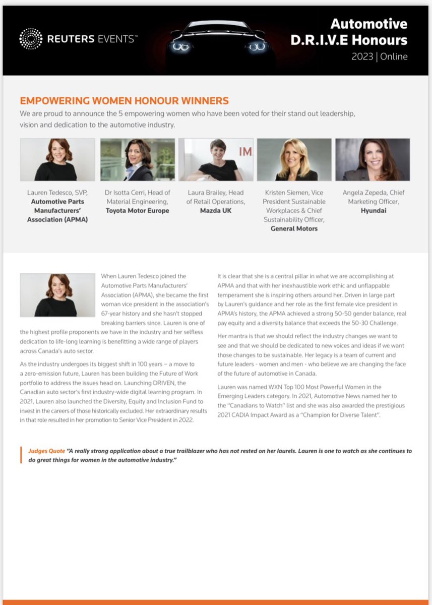 APMACanada's tweet photo. Today @Reuters honoured @laurenmtedesco as one of “5 empowering women who have been voted for their stand out leadership, vision &amp; dedication to the auto industry.”

She’s a prestigious global 2023 Automotive DRIVE Winner. We’re proud to work with her everyday on this mission. https://t.co/cnlHv9NuH5