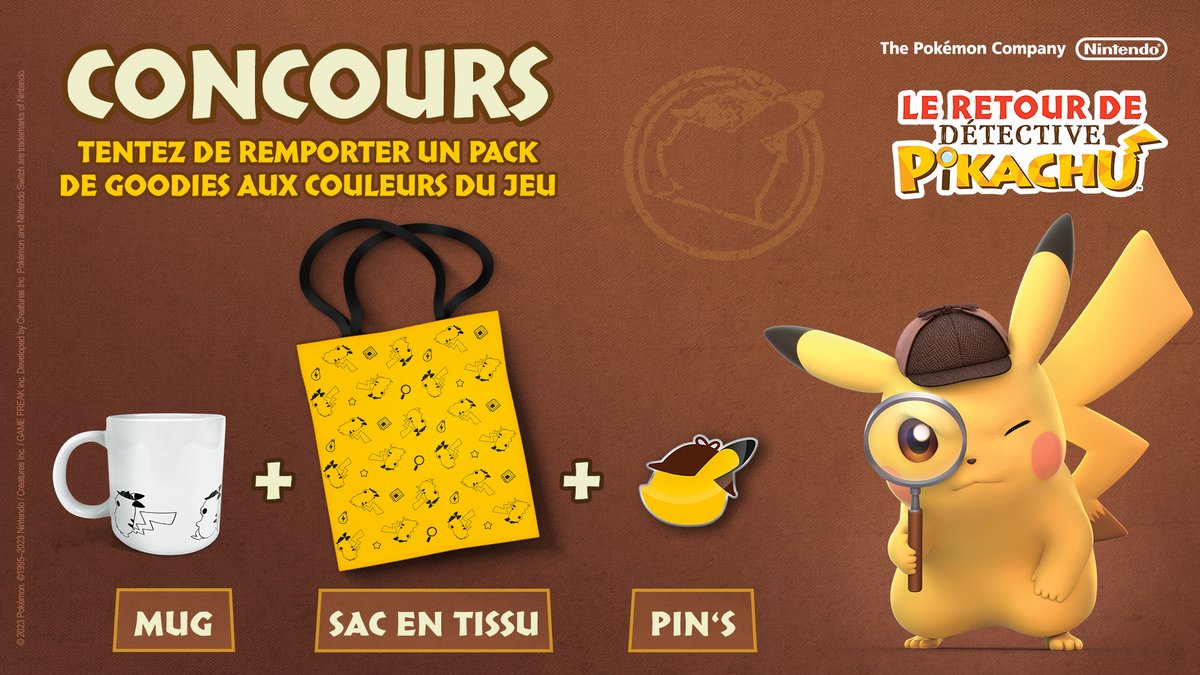 [CONCOURS🎁] À l'occasion de la sortie de #LeRetourDeDétectivePikachu, tentez de remporter ce pack de goodies 🔍  

Pour participer :  ​
- RT + Follow <a href="/NintendoFrance/">Nintendo France</a> ​

1 gagnant sera tiré au sort le 26/10.
Concours réservé à la France métropolitaine.