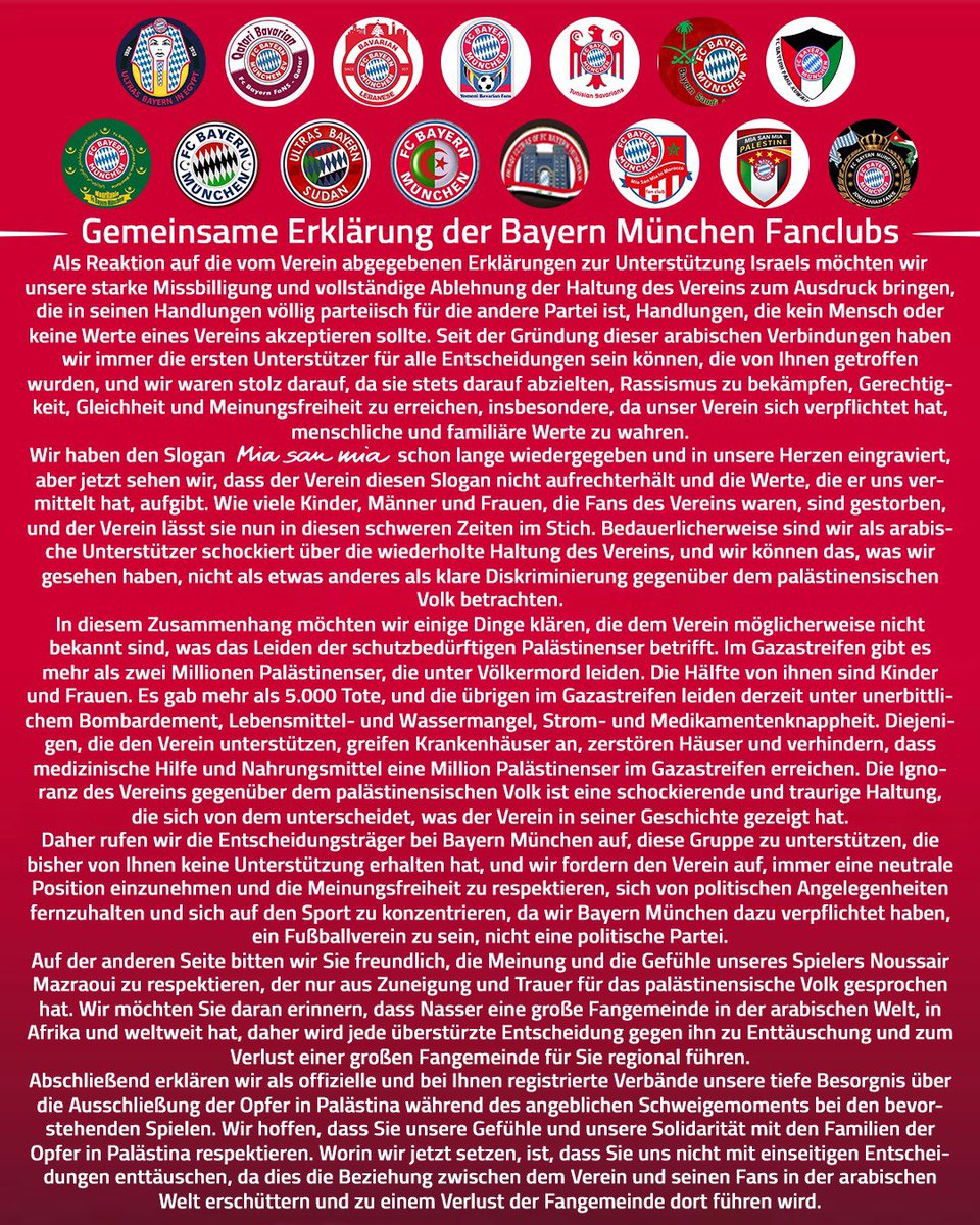 ⚠️ بيان تم أرساله الى نادي #بايرن ميونخ❗️ 

المشاركين به : ⬇️  

🇵🇸 رابطة بايرن ميونخ في فلسطين     
🇱🇧رابطة بايرن ميونخ في لبنان
🇮🇶رابطة بايرن ميونخ في العراق 
🇪🇬رابطة بايرن ميونخ في مصر
🇲🇦رابطة بايرن ميونخ في المغرب 
🇶🇦رابطة بايرن ميونخ في قطر 
🇾🇪رابطة بايرن ميونخ في اليمن