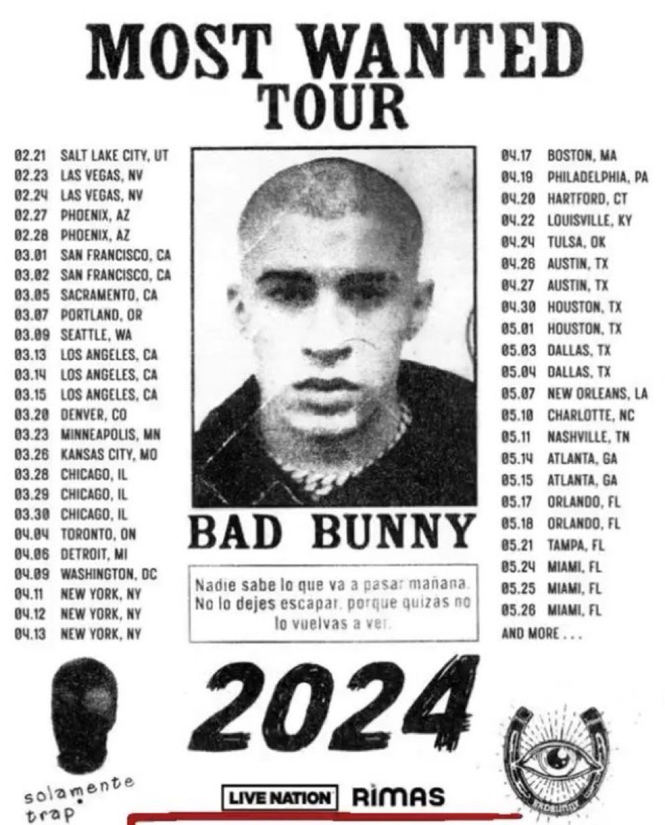AccessBadBunny's tweet photo. MOST WANTED TOUR by Bad Bunny 2024. 🔜

Register NOW: https://t.co/4UEakqC3D8 https://t.co/A9SOhdgSpJ