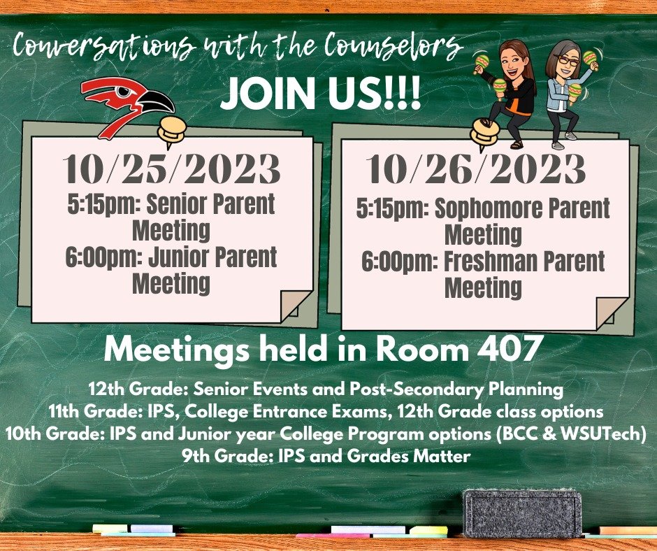 Spread the word!  Parents, check the times below and come join us for good information about what is happening at your student's grade level!