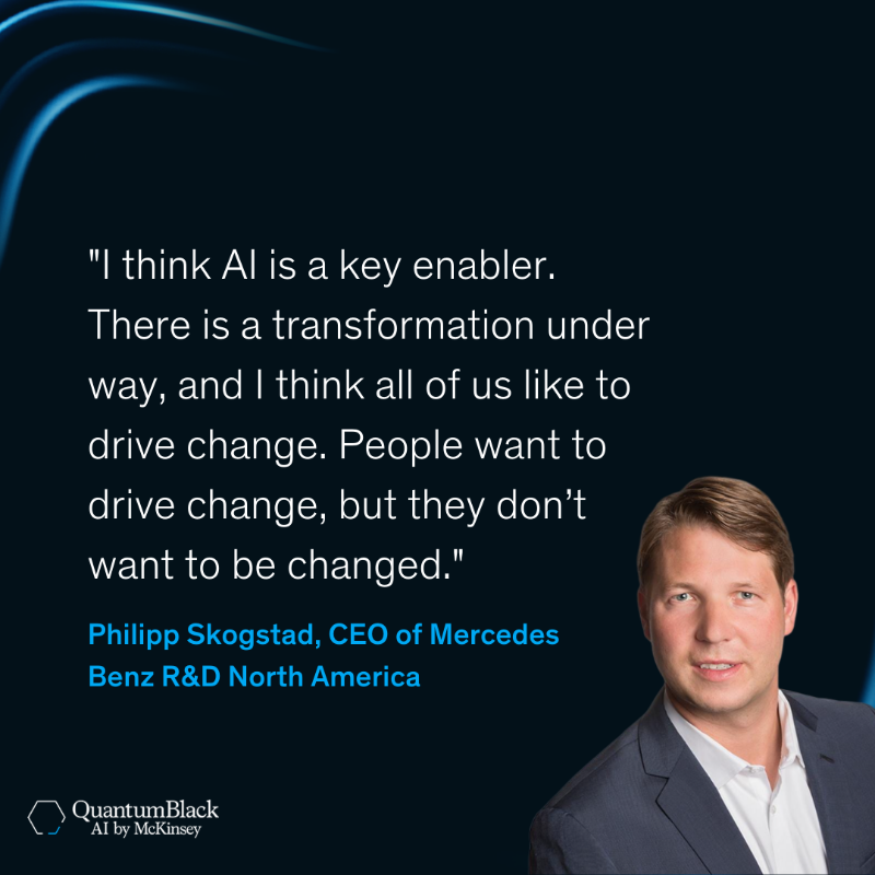 quantumblack's tweet photo. Did you know some automakers are already using generative AI? ↗️ 🚗

We’ve sat down with @MercedesBenz R&amp;D North America CEO, Philipp Skogstad, to learn about gen AI applications in the automotive sector.👇

 https://t.co/3JpOlPHO6v

#AIbyMcKinsey #ArtificialIntelligence #ChatGPT