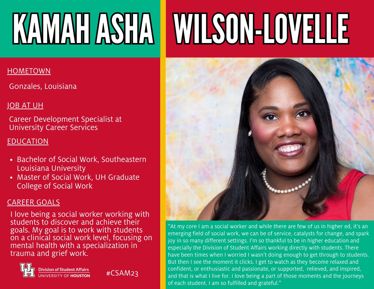 UH_DSA's tweet image. In honor of this October&apos;s Careers in Student Affairs Month, we are showcasing some of our wonderful DSA workers! Here&apos;s a little more about Kamah Asha Wilson-Lovelle, a Career Development Specialist at University Career Services. #CSAM23