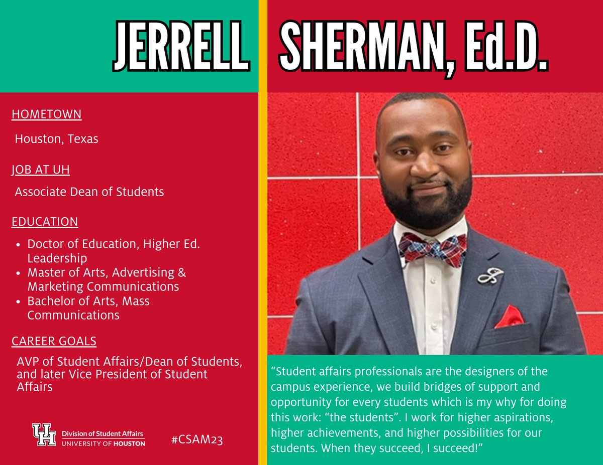 UH_DSA's tweet image. October is Careers in Student Affairs Month! To celebrate, we are showcasing some of our wonderful DSA workers! Here&apos;s a little more about our Associate Dean of Students, Jerrell Sherman, Ed.D. #CSAM23