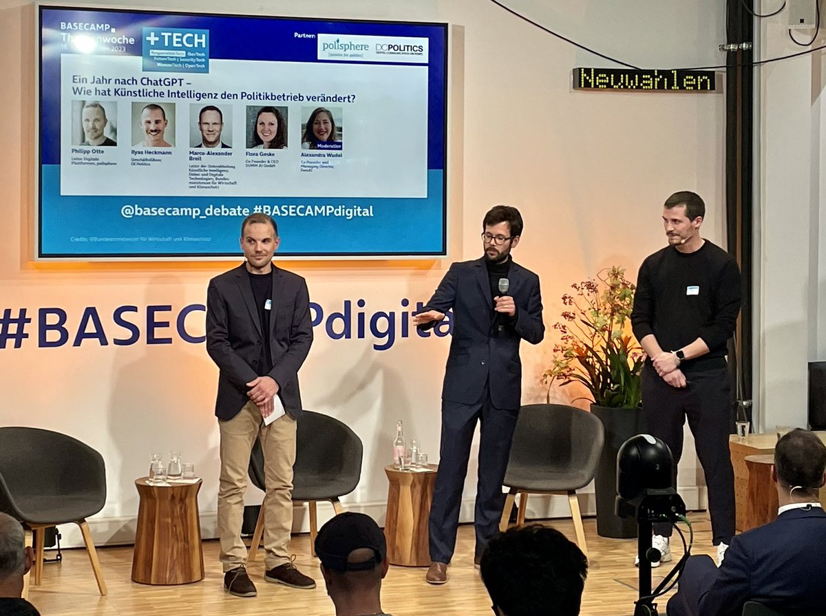 polisphere's tweet image. Fast ein Jahr ist die Veröffentlichung von #ChatGPT her. Wie hat #KI den Politikbetrieb verändert? Jetzt geht’s im @basecamp_debate los. Mit dabei: Philipp Otte, @ilyasheckmann , @Breitseiten , Flora Geske und @WudelAlexandra .