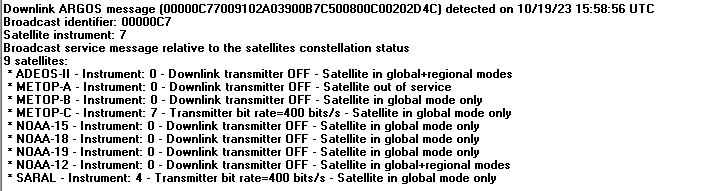 n6rfm's tweet photo. METOP-C Argos telemetry 465.988 MHz 19Oct23 1558Z EM12 passing east of Dallas, Ft. Worth TX obtained using #multipsk. Data includes location and current of other weather satellites. 😎 https://t.co/za8w5bBbtt