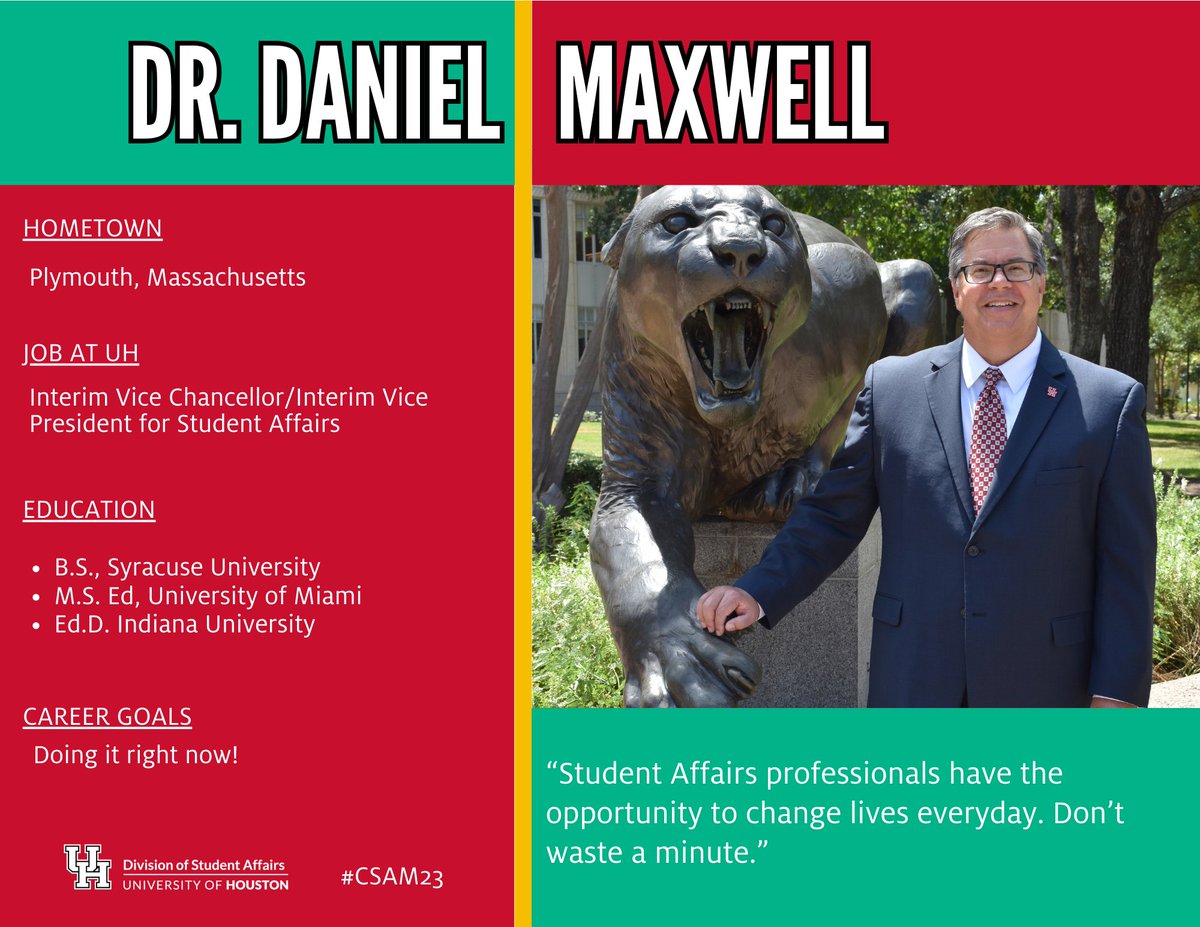 UH_DSA's tweet image. For Careers in Student Affairs Month this October, we are highlighting our awesome DSA workers! Here&apos;s all about our Interim Vice Chancellor/Interim VP of Student Affairs, Dr. Daniel Maxwell. #CSAM23