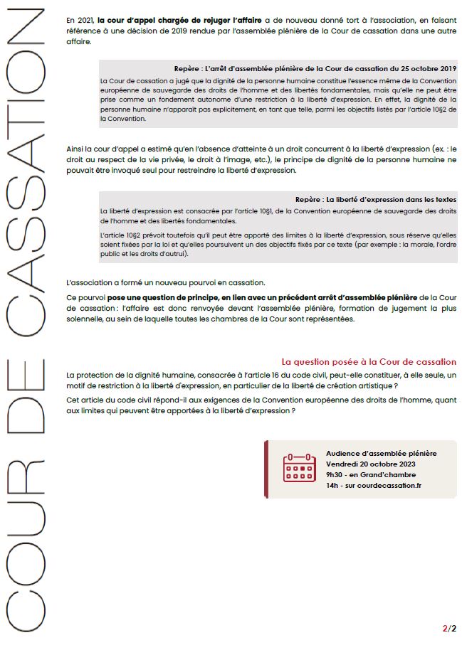 🏛[Audience] Demain à 9h30 - La Cour de cassation se penchera sur la question de savoir si la protection de la dignité humaine peut justifier à elle seule de restreindre la liberté d’expression artistique.
💡Comprendre les enjeux de l'audience > courdecassation.fr/toutes-les-act…