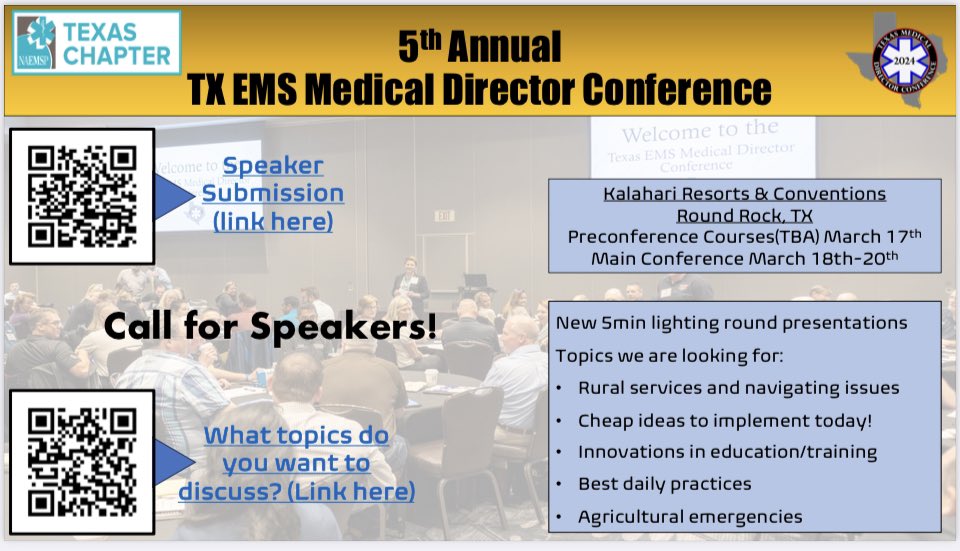 Interested in presenting at the annual NAEMSP TX Chapter Conference?
Use the link here to submit.
Do not miss out on one of the best Conferences for the year. 
Tag your friends and share!
docs.google.com/forms/d/e/1FAI…
