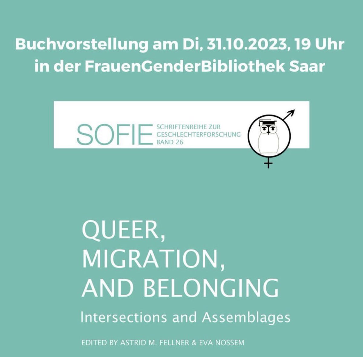 NamLitCult (@namlitcult) on Twitter photo The new volume “Queer, Migration and Belonging” will be presented on Tuesday, October 31 at 7 p.m. in the FrauenGenderBibliothek Saar. 
The event will be held in German and English.
#frauengenderbibliothek_saar #migration #wissenschaftlichebeiträge #saarland #saarbrücken The new volume “Queer, Migration and Belonging” will be presented on Tuesday, October 31 at 7 p.m. in the FrauenGenderBibliothek Saar. 
The event will be held in German and English.
#frauengenderbibliothek_saar #migration #wissenschaftlichebeiträge #saarland #saarbrücken