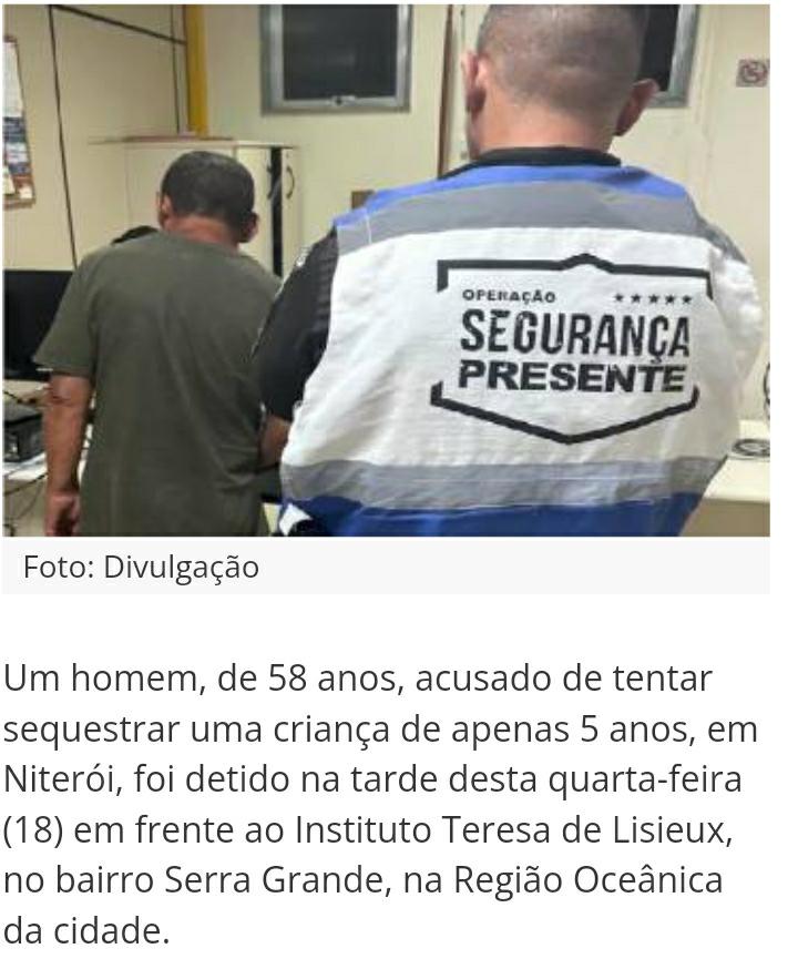 Homem é detido após tentar sequestrar criança de 5 anos na saída da escola em Niterói -
Leia mais: saogoncalorj.com.br/noticia/20673/…