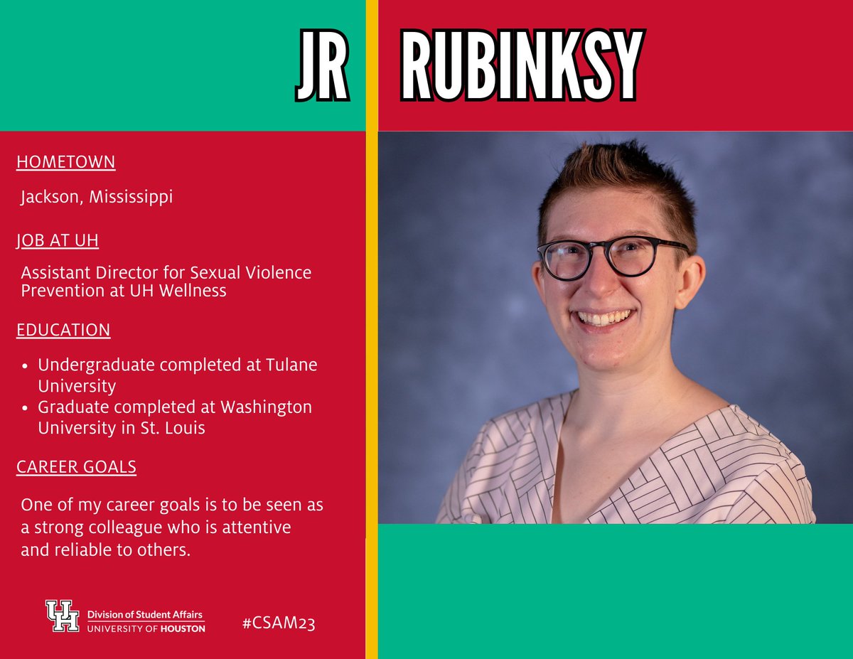 UH_DSA's tweet image. To celebrate Careers in Student Affairs Month this October, we are highlighting some of our incredible DSA workers! Get to know JR Rubinsky, the Assistant Director for Sexual Violence Prevention at UH Wellness. #CSAM23