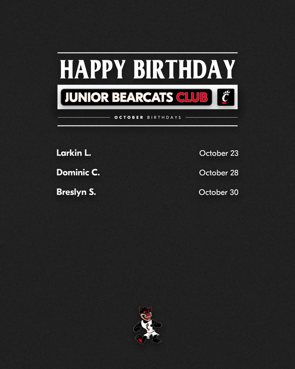 GoBearcatsKIDS's tweet photo. 🎃🎊🎁🎃

Halloween may be around the corner, but before you start to get your costumes ready... Join us in wishing these 1⃣7⃣ Junior Bearcats Members Happy Birthday! https://t.co/nbsEohJGw5