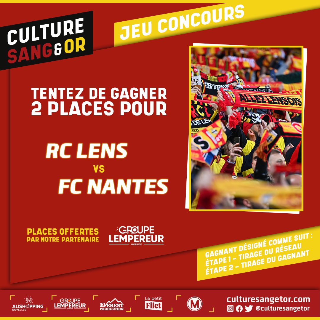 CultureSangEtOr's tweet photo. [Jeu concours | 🎁]

@GroupeLempereur, partenaire officiel du #RCLens vous offre 2 places pour RC Lens - FC Nantes !

Pour participer :
➡️ Suivez @CultureSangEtOr
➡️ RT + mentionnez un ami en commentaire

🏆 TAS et annonce du gagnant le 23/10/2023

Bonne chance ! 😉

#RCLFCN 🔴🟡 https://t.co/1vnPOuqpqP