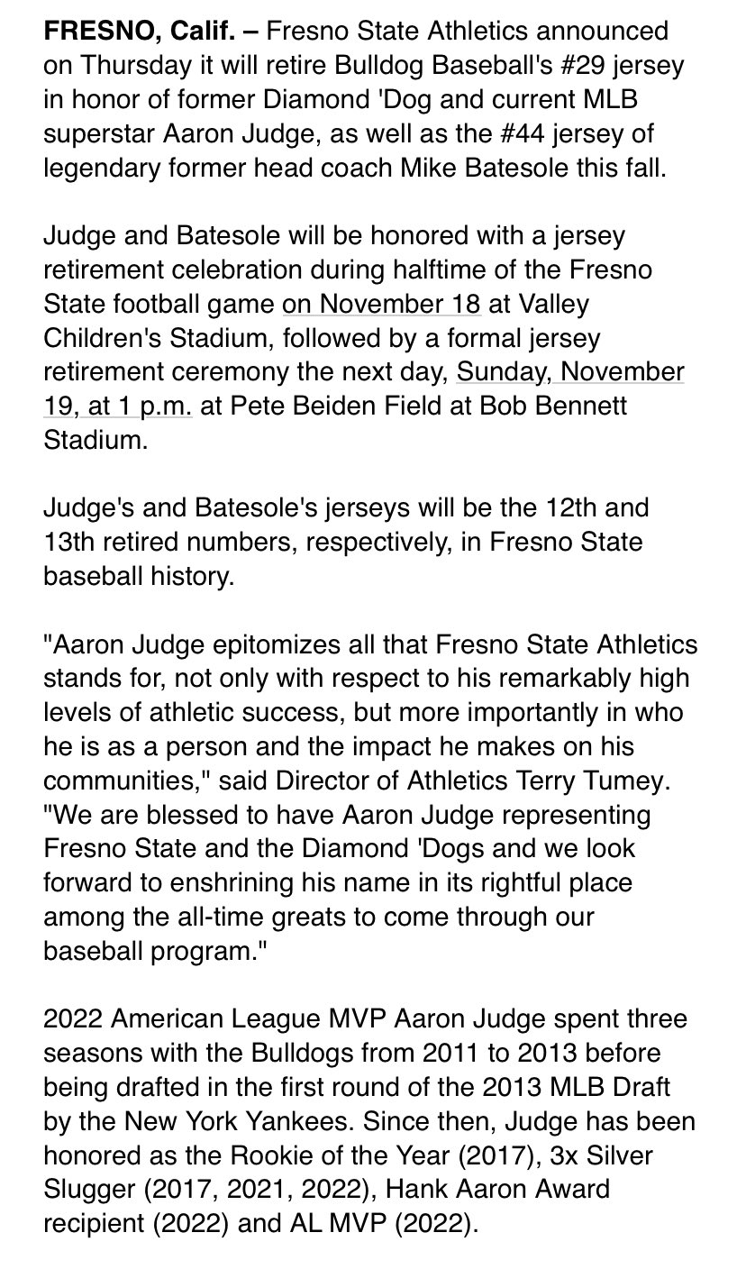 Fresno State will retire Aaron Judge, Mike Batesole's jersey