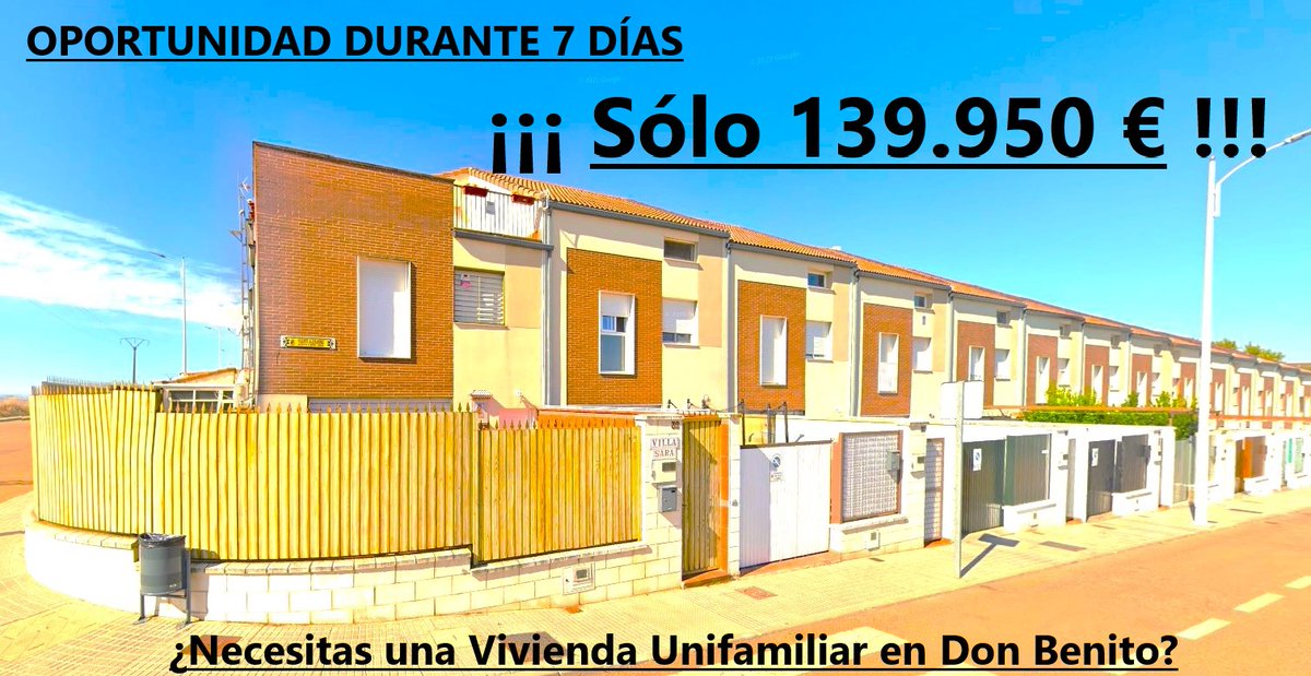 Inmoesfera's tweet photo. OPORTUNIDAD DURANTE 7 DÍAS  ¡¡¡ Sólo 139.950 € !!!

¿Necesitas una Vivienda Unifamiliar en Don Benito?

¿Con 2 Patios amplios y con Buhardilla?
¿Lista para entrar a vivir?
¡¡¡Tenemos lo que buscas!!! https://t.co/D08S1TP76J