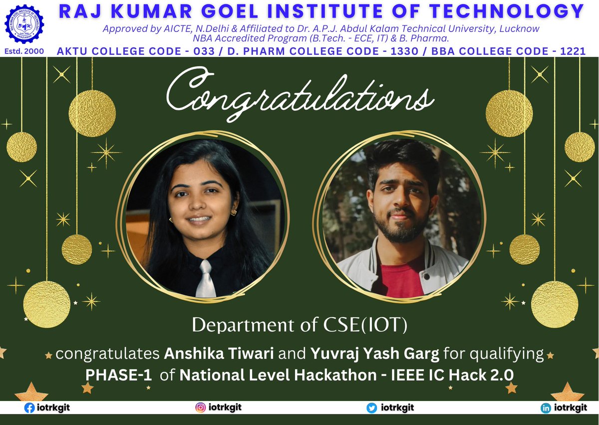 iotrkgit's tweet photo. Department of CSE(IOT) is proud to announce that Yuvraj Yash garg (Team Lead) and Anshika Tiwari both 4th-year students, have made us proud by conquering Phase 1 of National Level Hackathon - IEEE IC Hack 2.0 🏆 https://t.co/1613h01P5r