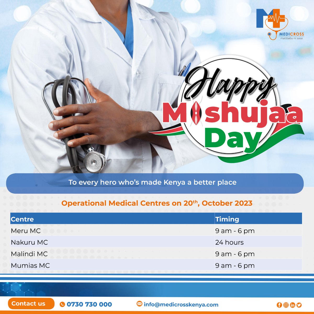 As we celebrate Mashujaa Day, Medicross Medical Centre extends warm wishes to all!  
Don't forget to check out the important updates we have regarding our clinic operations. Stay informed! 🏥

#MashujaaDay #BlissMedicalChanges