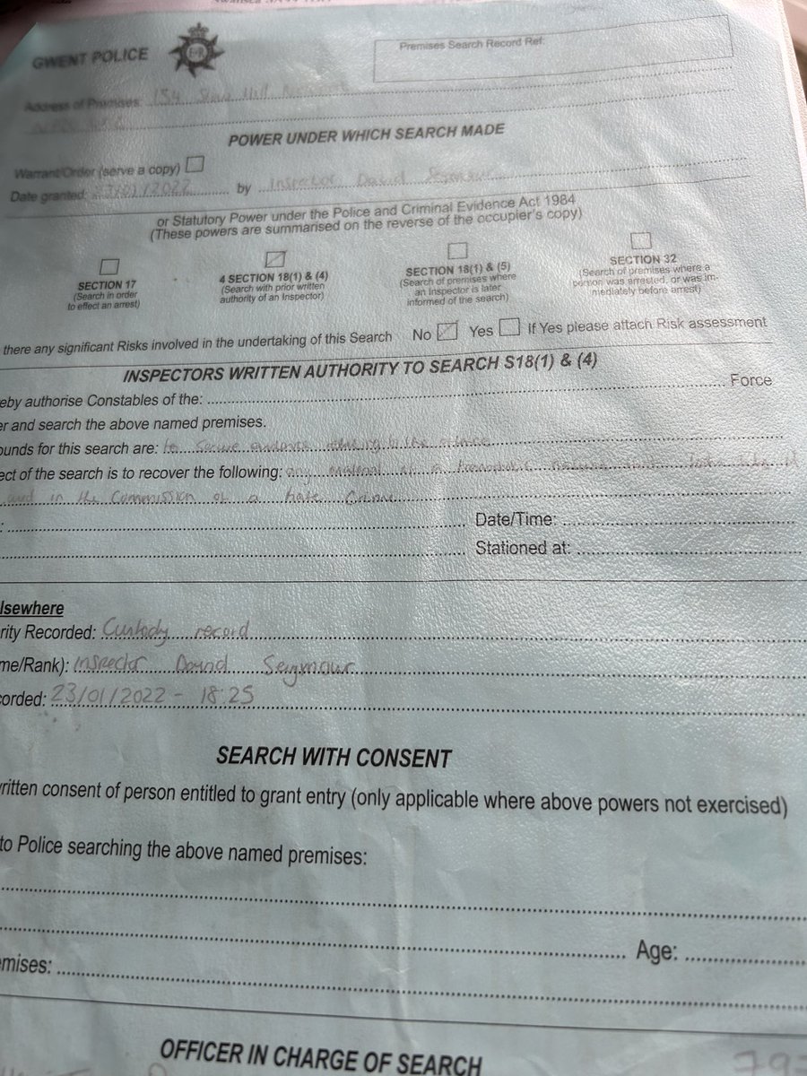 #TERFistheNewPunk

Here is a search warrant for my house. Scary nontransphobic stickers were taken and some books. I fell asleep in the police cell for an interview at about 2.30am. I then had to get myself home - and no phone if my mobility scooter conked out on the hills