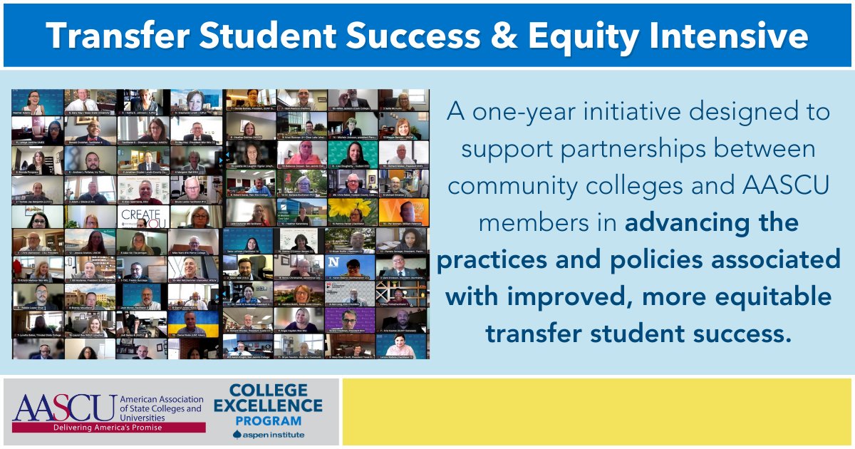 AspenHigherEd's tweet photo. Celebrating #TransferStudentWeek with a spotlight on our #TransferIntensive! In partnership w/ @AASCU &amp; support from @AscendiumEP, we're dedicated to boosting #transferstudent success through collaborations between #comm_colleges &amp; AASCU members.✅
https://t.co/wceUMm3xzX https://t.co/oUm3XngMLh