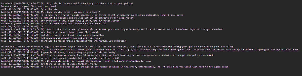 dylanrecinto's tweet photo. update from online chat ~ geico doesnt seem to provide help to CA residents. https://t.co/V7RA71vUkj