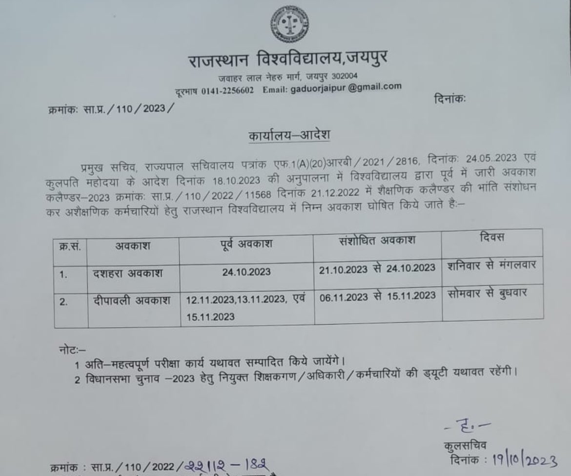 Corrigendum regarding office order for Holiday Calendar 2023, UOR, Jaipur