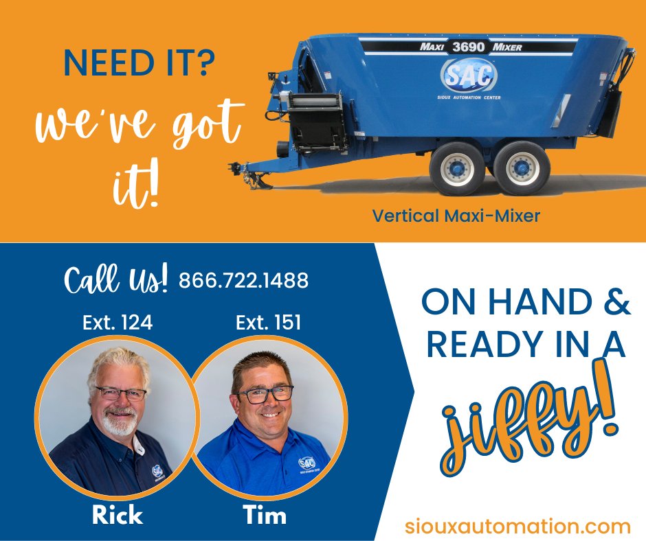SiouxAutomation's tweet photo. Looking for a vertical mixer? Look no further! We've got a range of sizes available and ready for delivery. Contact Tim or Rick today or visit https://t.co/PsRwDqk6ks 📞💪 #VerticalMixers #FeedMixers https://t.co/cs0N7ZeiZL