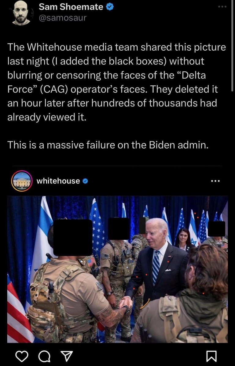 Is this Admin trying to get its own people killed? This is an “unacknowledged Tier One unit”. No one is that incompetent/stupid. Remember when Biden outed Seal Team 6 for capturing Bin Laden? He was VP at the time &amp; had no authority to “out” another “unacknowledged Tier One unit”