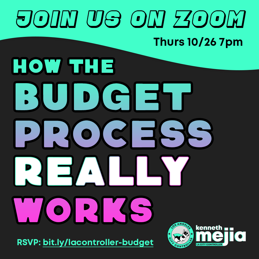 lacontroller's tweet photo. Join us VIRTUALLY Next Thursday 10/26 7pm 💻

Attend our Budget Educational Session on how LA’s budget process REALLY Works.

Whether you’re an LA politics expert or new to all things City-related, this educational Zoom session is for you.

Register now: https://t.co/80kKHzPdpu https://t.co/PwdTNeZ67A