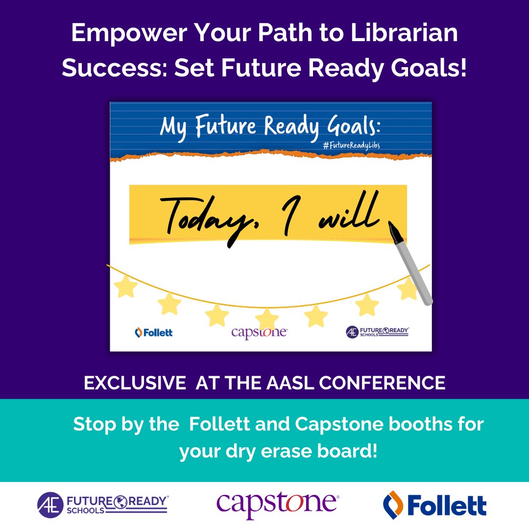 CapstonePub's tweet image. Stop by the @CapstonePub (#713) and @FollettLearning (#613) booths at #AASL23 to pick up your #FutureReadyLibs whiteboard! @FutureReady 

Step 1⃣ Take a photo with you, your goal, &amp;amp; your board
Step 2⃣ Post your photo on socials
Step 3⃣ Tag us all and #AASL23 to enter!