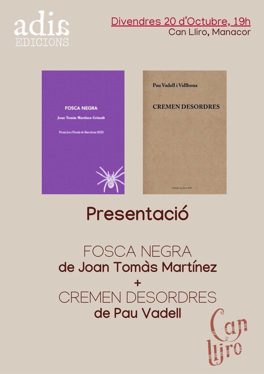 AdiAedicions (@adiaedicions) on Twitter photo 20octubre presentacions a <a href="/Manacor/">Manacor</a> i #Palma.
#poesia a les totes!
#MiquelRayó <a href="/joantomas_mg/">Joan Tomàs Martínez Grimalt</a> <a href="/PauVadell/">Pau Vadell</a> #CanLliro
<a href="/Manacorpoetic/">Manacor Poètic</a> <a href="/manacormanacor/">manacormanacor</a> <a href="/ajManacor/">Ajuntament de Manacor</a> <a href="/UHmallorca/">Ultima Hora Mallorca</a> <a href="/arabalears/">Diari ARA Balears</a> @RevistaCpC 20octubre presentacions a <a href="/Manacor/">Manacor</a> i #Palma.
#poesia a les totes!
#MiquelRayó <a href="/joantomas_mg/">Joan Tomàs Martínez Grimalt</a> <a href="/PauVadell/">Pau Vadell</a> #CanLliro
<a href="/Manacorpoetic/">Manacor Poètic</a> <a href="/manacormanacor/">manacormanacor</a> <a href="/ajManacor/">Ajuntament de Manacor</a> <a href="/UHmallorca/">Ultima Hora Mallorca</a> <a href="/arabalears/">Diari ARA Balears</a> @RevistaCpC