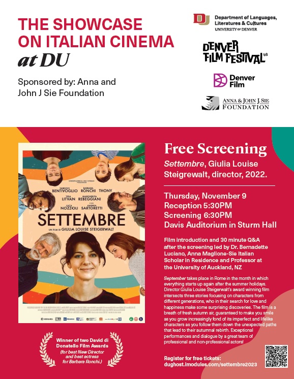 du_cjs's tweet photo. Italian Cinema film showing on November 9th and the Anna Maglione-Sie Visiting Scholar in Residence talk on November 8th by Bernadette Luciano from the University of Auckland, on November 8th. https://t.co/CDBZpMm9DE