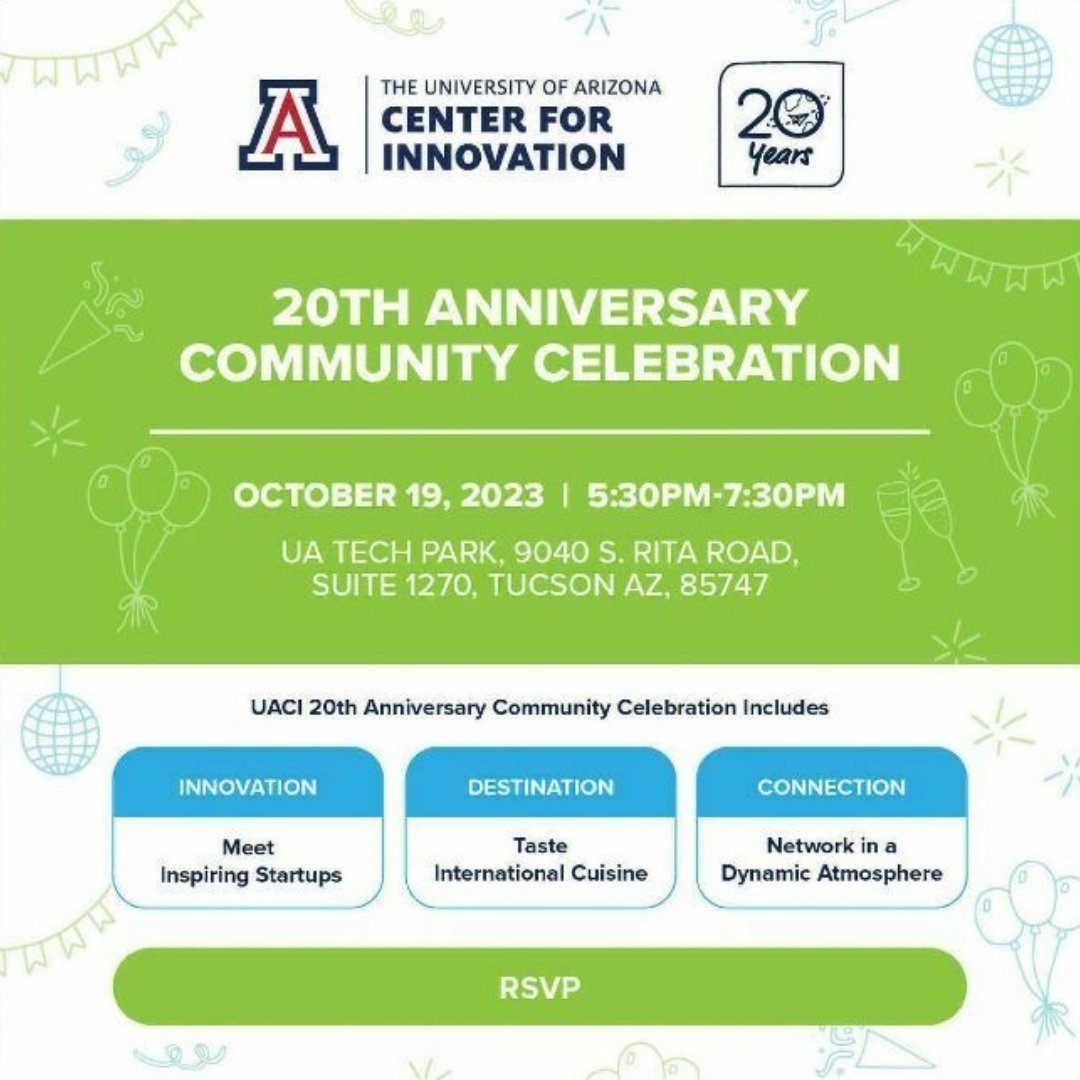 UAZInnovation's tweet image. @UAZInnovation celebrates 20-Years of innovation taking flight TONIGHT during the Community Celebration at 5:30pm in the UA Tech Park. Fun, food and fantastic experiences are being prepared right now and we can’t wait for you to join us, RSVP here: bit.ly/46XUW4W