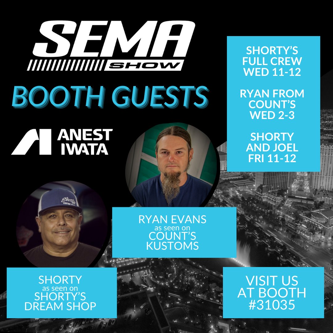 ANEST IWATA Americas (@anestiwatausa) on Twitter photo This year's SEMA Show is coming up in just a few weeks! Stop by Booth 31035 to visit our special guests - @shortyscustompaint and <a href="/ryanatcounts/">Ryan Evans</a> will be visiting!
#TeamIwata #SEMA2023 This year's SEMA Show is coming up in just a few weeks! Stop by Booth 31035 to visit our special guests - @shortyscustompaint and <a href="/ryanatcounts/">Ryan Evans</a> will be visiting!
#TeamIwata #SEMA2023