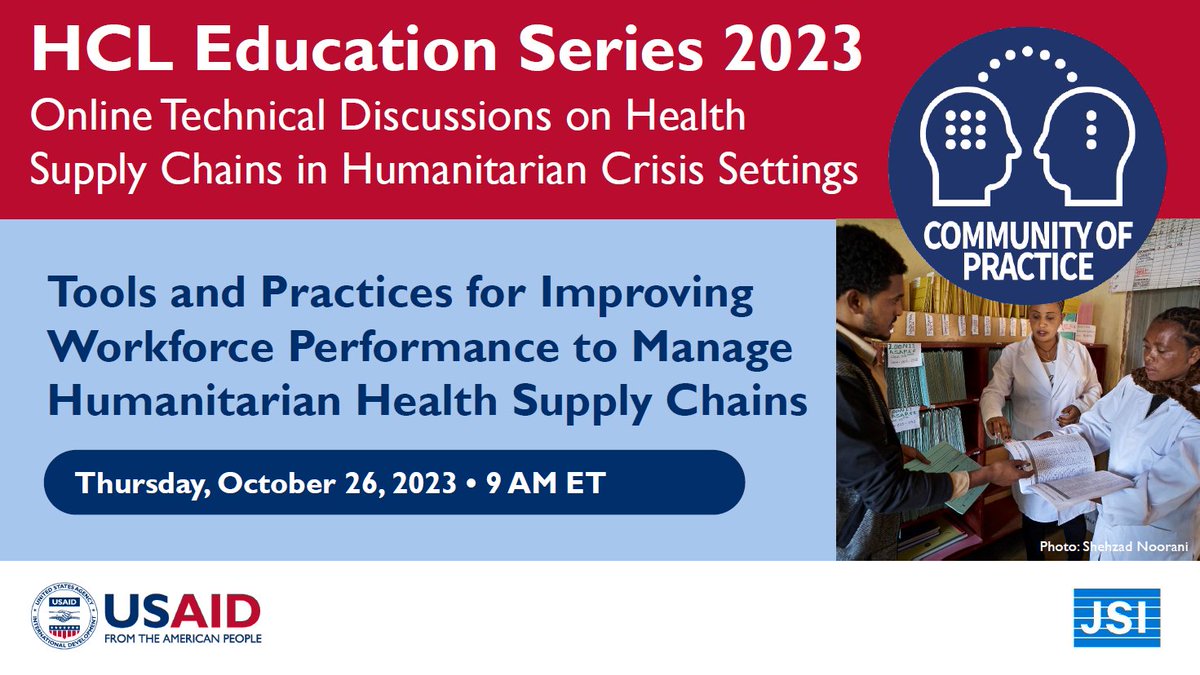 JSIhealth's tweet photo. Oct 26, 2023 at 9 am ET: JSI, @PplthatDeliver, @CatholicRelief, and @emergency_ngo discuss tools and practices that improve #workforce performance for managing humanitarian #healthsupplychains. Register: https://t.co/fIzvqf3jhl https://t.co/veUFBt4FaO