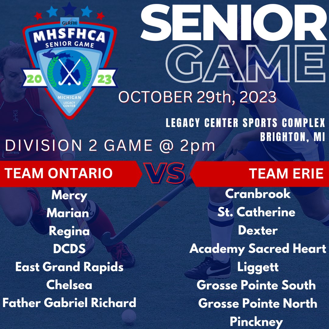 D2 Senior Game! Team Ontario vs. Team Erie!! 10/29 @ 2pm, Legacy Center Sports Complex!
<a href="/mercyfldhockey/">Mercy Field Hockey</a> <a href="/ReginaFHockey/">Regina Field Hockey</a> <a href="/marianathletics/">Marian High School Athletics</a> <a href="/DCDSAthletics/">DCDS Athletics</a> <a href="/egr_fieldhockey/">East Grand Rapids Field Hockey</a> <a href="/BulldogFH/">Chelsea Field Hockey</a> <a href="/FGRathletics/">Fr. Gabriel Richard</a> <a href="/CK_FieldHockey/">Cranbrook Field Hockey</a> <a href="/SCAstars/">St. Catherine Athletics</a> <a href="/dexfhockey/">Dexter Field Hockey</a> <a href="/SacredHeartMI/">Academy of the Sacred Heart (MI)</a> <a href="/LiggettSports/">University Liggett Athletics</a> <a href="/GPSBoosters/">Grosse Pointe South Athletic Booster Club</a>
#glrfh