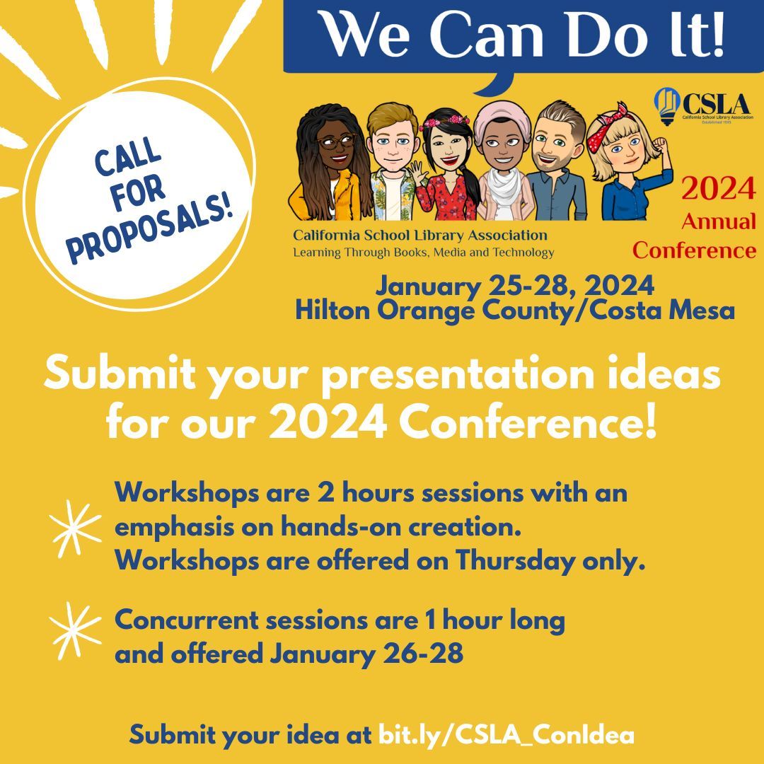 We want to hear from you at our CSLA 2024 Conference! We'd love for you to submit your session or workshop proposal at buff.ly/3rLqA77 #futurereadylibs #librariansfollowlibrarians #schoollibrariesmatter