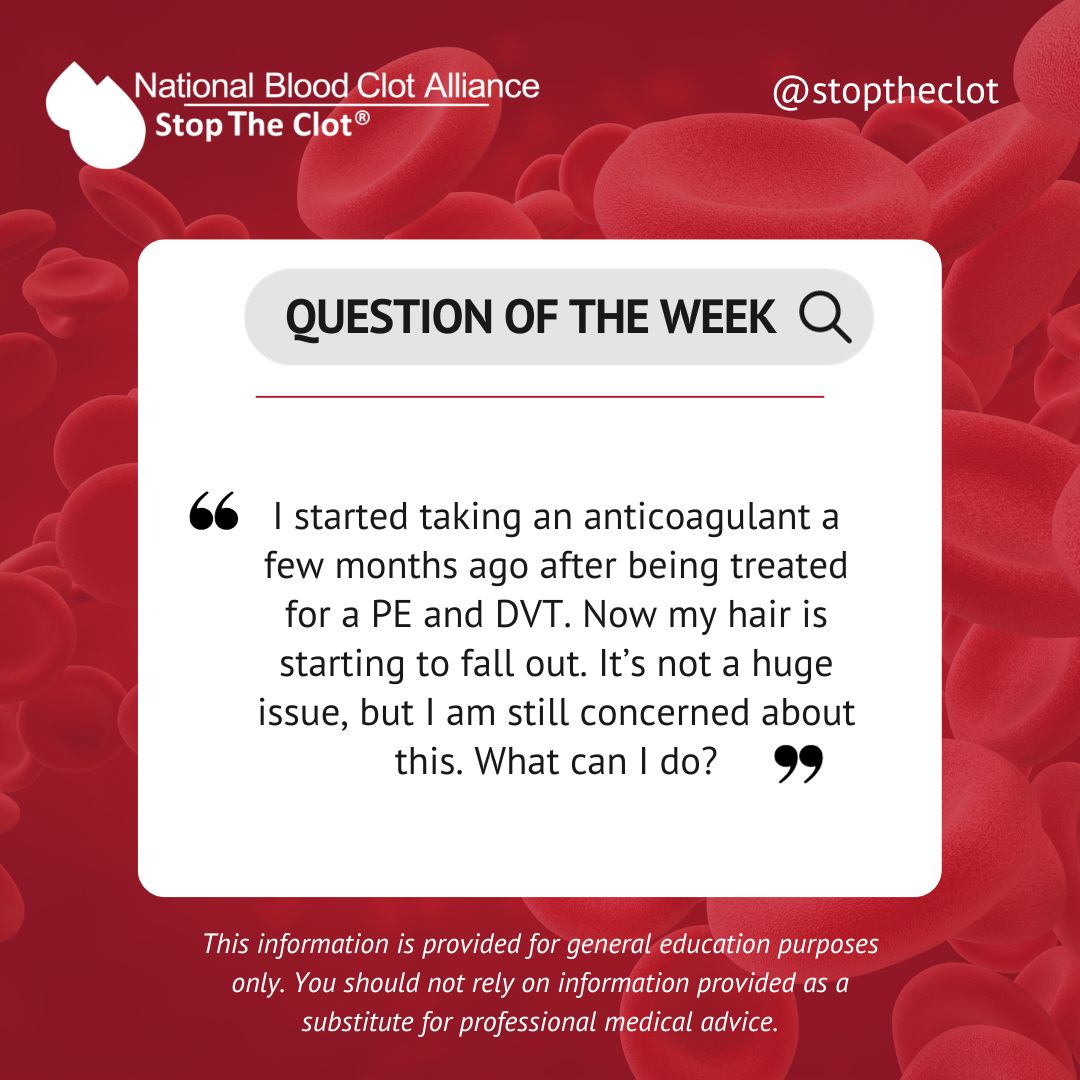 StopTheClot's tweet image. A: #warfarin &amp;amp; #heparin are known to cause #hairloss. Less is known abt #DOACs &amp;amp; hair loss but studies suggest similar patterns of hair loss. This can impact #QOL &amp;amp; self-esteem during an already difficult time for patients. Be sure to talk with your Dr. abt OTC treatment options.