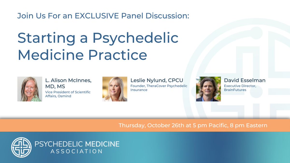 Osmind (@osmindhq) on Twitter photo Save the date for a captivating discussion hosted by the <a href="/Psychedelic_Med/">Psychedelic Medicine Association</a> on "Starting A Psychedelic Medicine Practice" with Alison McInnes, MD, MS, and colleagues Leslie Nylund and David Esselman, ED at <a href="/BrainFutures/">BrainFutures</a>.
For members, register here: psychedelicmedicineassociation.org/webinar/starti… Save the date for a captivating discussion hosted by the <a href="/Psychedelic_Med/">Psychedelic Medicine Association</a> on "Starting A Psychedelic Medicine Practice" with Alison McInnes, MD, MS, and colleagues Leslie Nylund and David Esselman, ED at <a href="/BrainFutures/">BrainFutures</a>.
For members, register here: psychedelicmedicineassociation.org/webinar/starti…