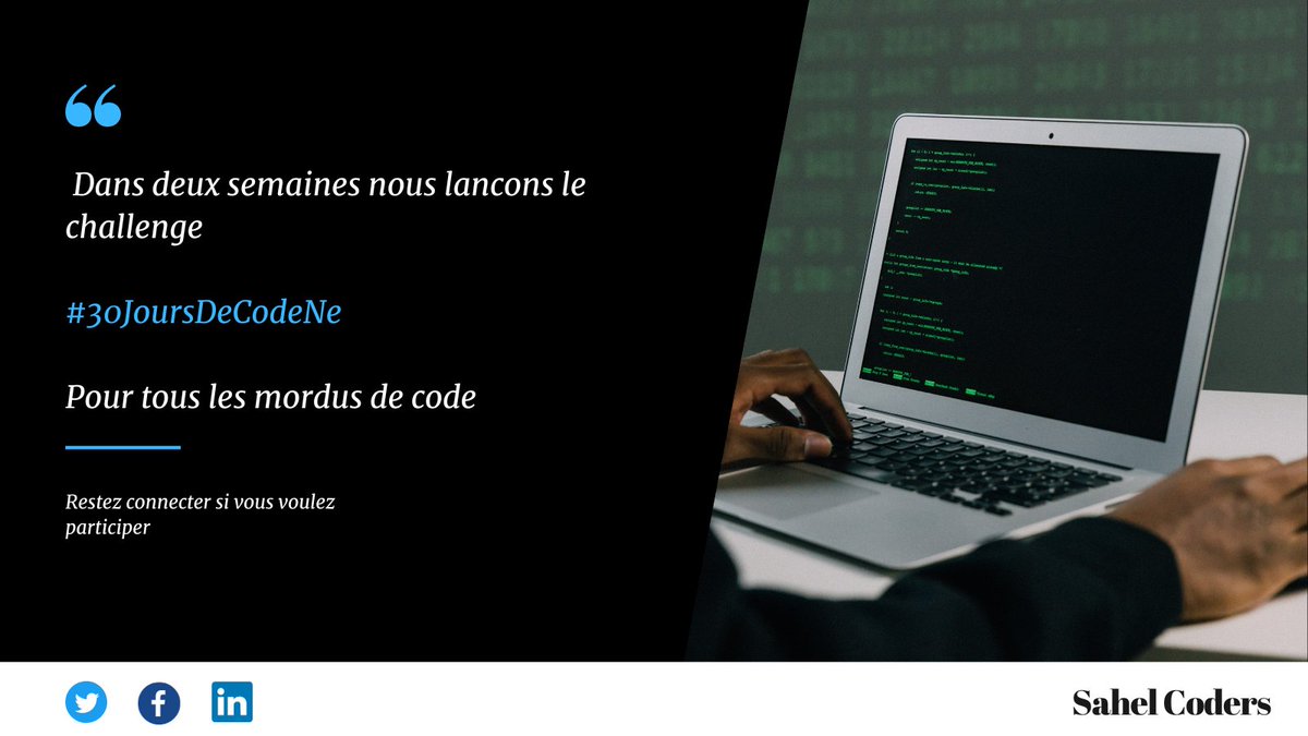 SahelCoders's tweet photo. À la recherche d'un challenge de code stimulant ? 

Rejoignez-nous dans 2 semaines pour un challenge de codage en ligne ! 

Restez à l'écoute pour plus de détails.  #30JoursDeCodeNe https://t.co/JWuWHWjD3p